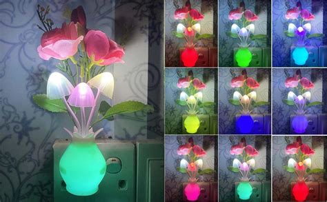 Utlk Pack Plug In Rose Flower Led Mushroom Night Light Lamp With