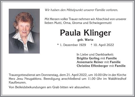 Traueranzeigen Von Paula Klinger Allg Uer Zeitung