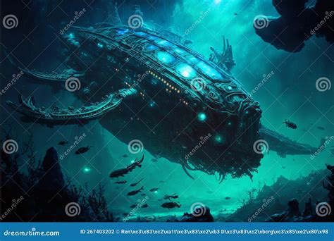 Deep Sea Aquatic Sci Fi Submarine In Underwater Scenery Aquatic Wallpaper Stock Illustration