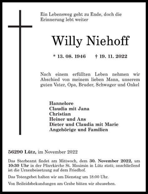 Traueranzeigen Von Willy Niehoff Rz Trauer De