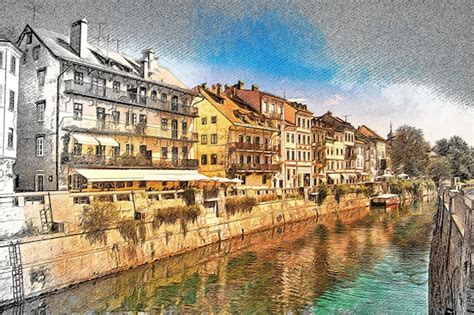 Premium Photo | Ljubljana slovenia color pencil landscape