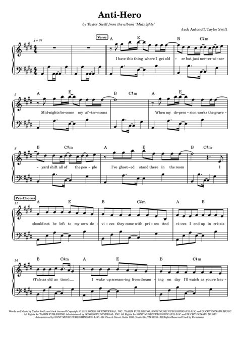 Anti Hero By Taylor Swift Easy Piano Digital Sheet Music Sheet