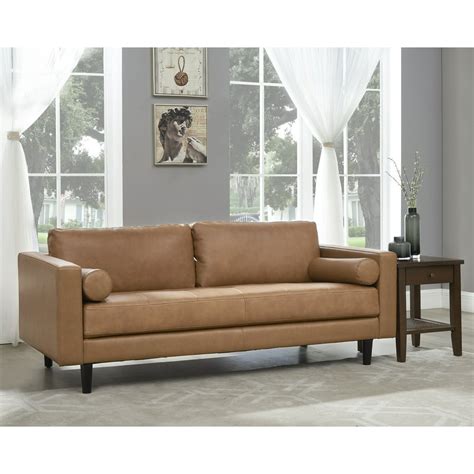 Naomi Home Marisa Top Grain Genuine Leather Mid Century Sofa Color Tan