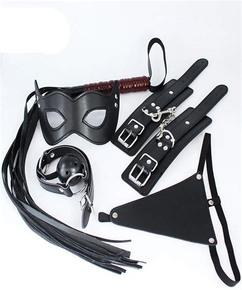 Pu Leather Whip Flogger Ass Spanking Wrist Cuffs Mouth Plug Eye Mask