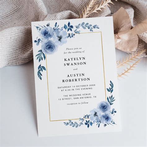 gold frame blue floral wedding invitation | Zazzle