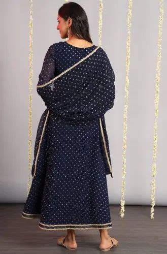 Printed Janasya Women S Navy Blue Poly Georgette Kurta With Dupatta At