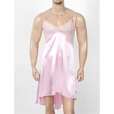 YONGHS Lingerie Sissy Homme Sexy Robe Transparente Dentelle Pyjama Satin Vêtement de Nuit M XL