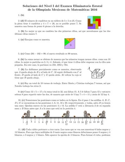 Soluciones Del Nivel I Del Examen Eliminatorio Estatal De La Olimpiada