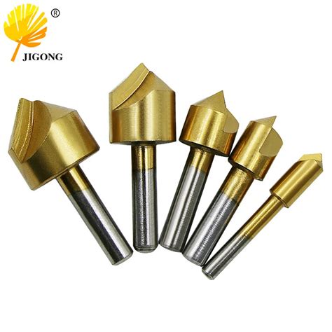 JIGONG 5PCS Flute Chamfer Countersink Round Shank HSS 90 Degree Wood