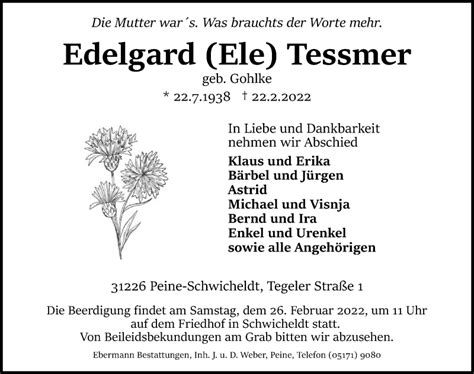 Traueranzeigen Von Edelgard Tessmer Trauer Anzeigen De