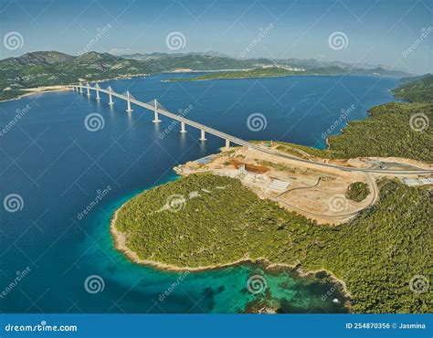 Aerial View Of The Peljesac Bridge At Dusk Stock Photo Image Of