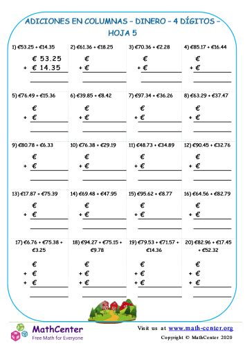 Suma en columnas Dinero Euro 4 Dígitos Hoja 5 Hojas de trabajo