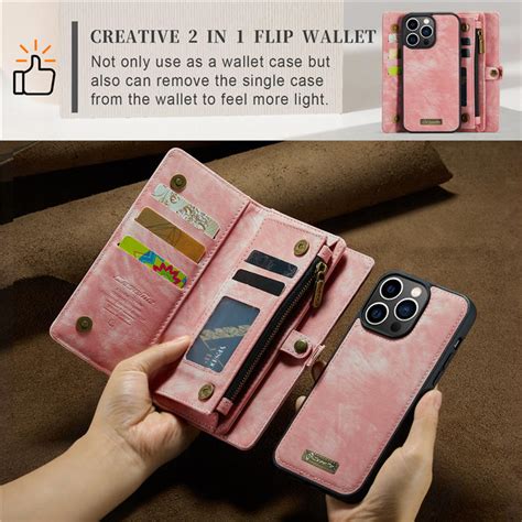 Caseme Iphone 14 Pro Max Zipper Wallet Case With Wrist Strap Pink