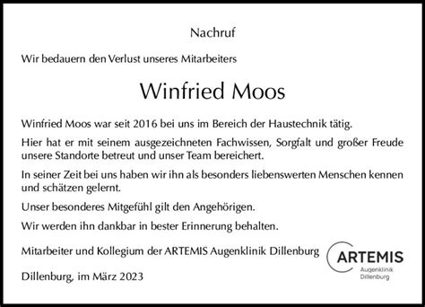 Traueranzeigen Von Winfried Moos Vrm Trauer De