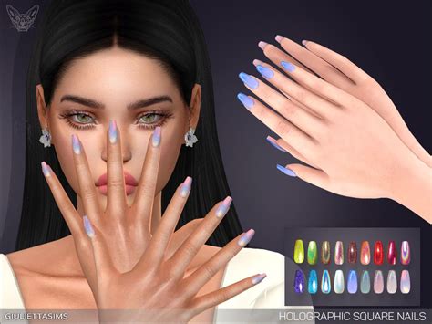 Sims 4 Holographic Square Nails By Feyona Holographic Square Nails