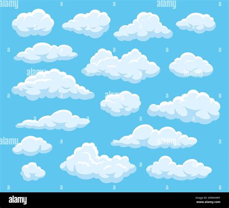 Cartoon Clouds Blue Cloudy Sky With White Floating Fluffy Cloud Shapes