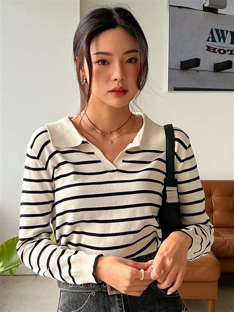 DAZY Striped Pattern Ribbed Knit Sweater Knitting Women Sweater