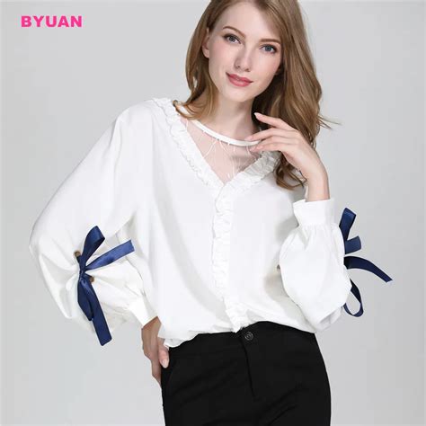 Byuan Elegant Women Blouses 2018 Autumn White Office Lady Blouse Bow