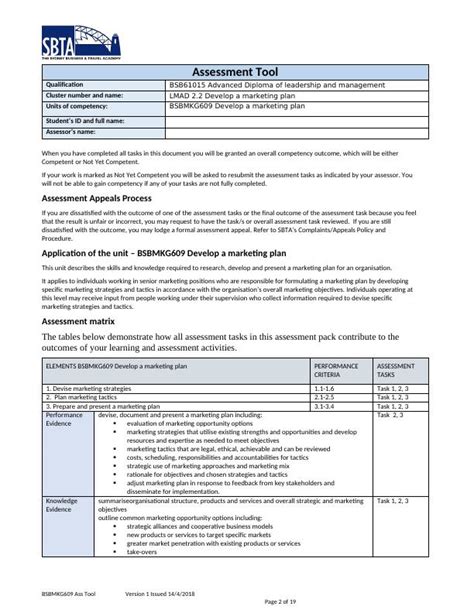 Bsbmkg Develop A Marketing Plan Assessment Tool