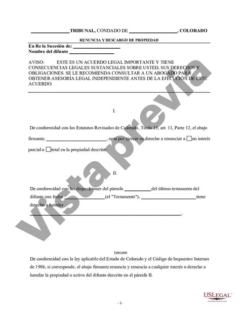 Renuncia De Colorado Y Descargo De Responsabilidad De La Propiedad Del Testamento Por Testamento