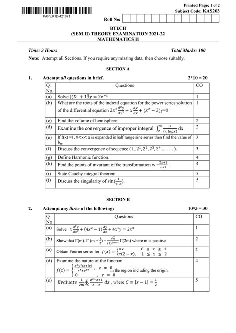 Btech 2 Sem Mathematics 2 Kas203 2022 Exam Paper Printed Page 1 Of 2