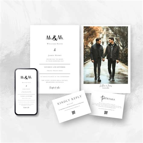 Same Sex Wedding Invitation Mr And Mr Invite Canva Qr Code Rsvp Photo Template Gay Marriage