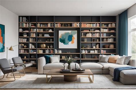 Premium Photo | Sunken Seating Living Room Mockup Custom Bookshelves Abstract Painting Backdrop