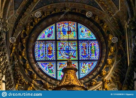 Basilica Blue Virgin Mary Saints Rose Window Stained Glass Cathedral Church Siena Italy Stock