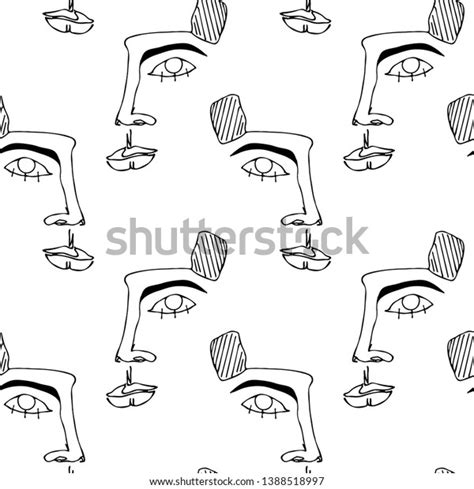 Seamless Pattern Faces Abstract Outline Silhouette Stock Vector