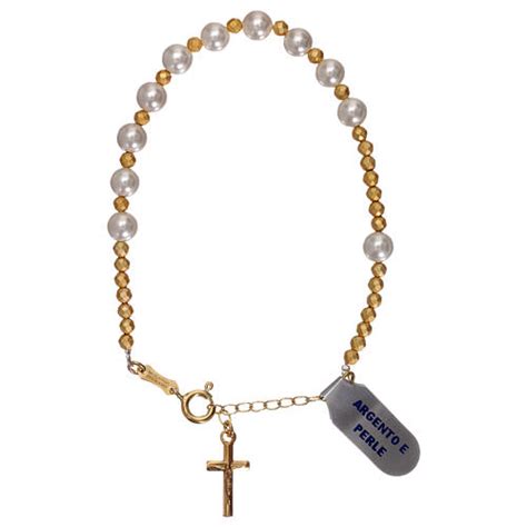 One Decade Rosary Bracelet In 925 Silver Golden And Pearl Online