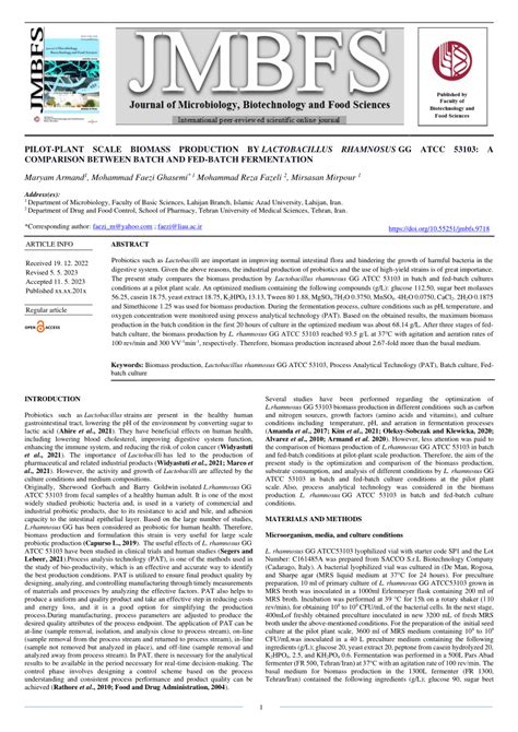 Pdf Pilot Plant Scale Biomass Production By Lactobacillus Rhamnosus