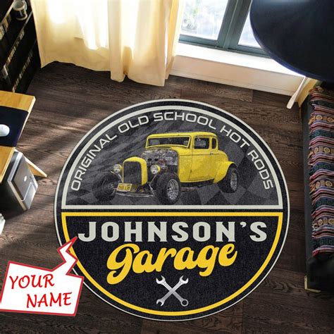 Personalize Hot Rod Garage Round Mat Rustypod Store
