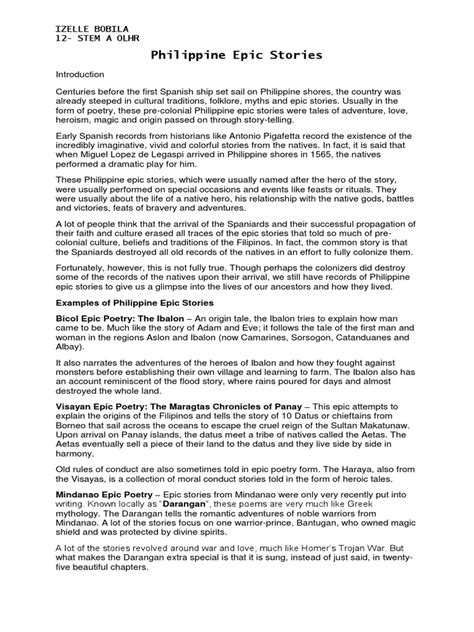 Philippine Epic Stories Izelle Bobila 12 Stem A Olhr Pdf