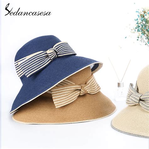 Sedancasesa New Summer Hats For Women Straw Sun Visors Cap Hand Made Bowknot Ladies Hat Travel