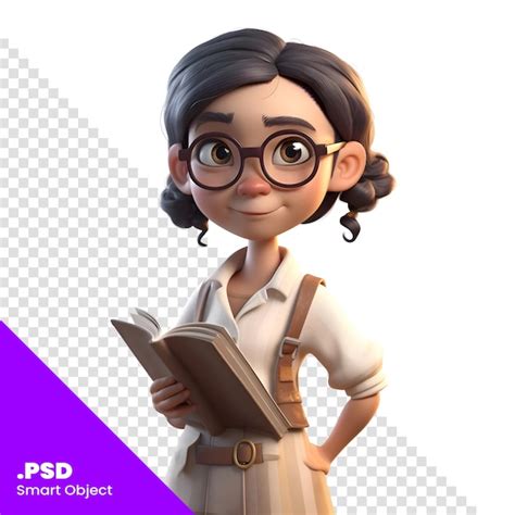 Premium Psd 3d Illustration Of A Cute Cartoon Girl With Glasses Reading A Book Psd Template