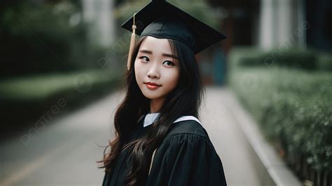 An Asian Girl In Graduation Regalia Posing On A Street Background When