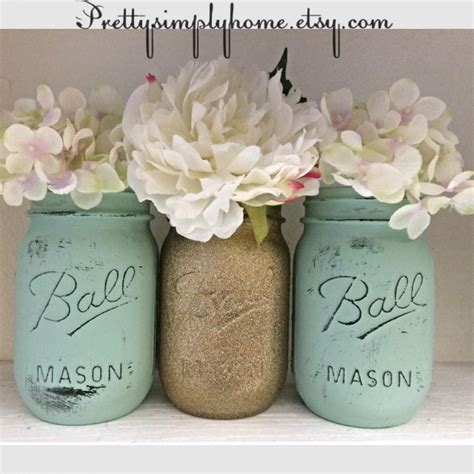 Glitter Mason Jar Set, Wedding Centerpieces, Shower Centerpieces, Gold And Mint Jars, Glitter ...