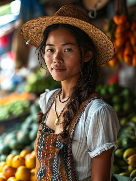 Una Mujer Con Un Sombrero De Paja De Pie Frente A Un Puesto De Frutas