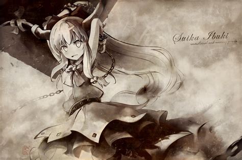 Arctic Bow Chain Dress Horns Ibuki Suika Long Hair Monochrome