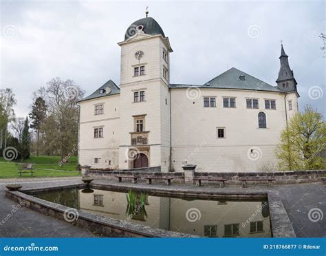 Castle Hruby Rohozec In Turnov Above Pool With Fountain And Koi Carps