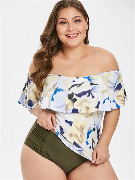 Wipalo Women Off The Shoulder Plus Size Printed Swim Set Two Piece Set