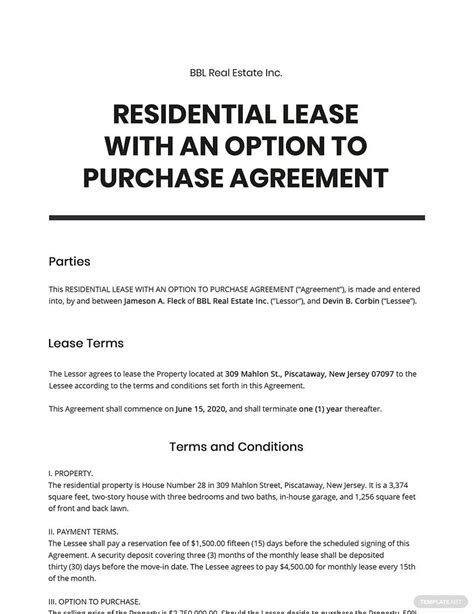 Residential Lease With An Option To Purchase Agreement Template In Word