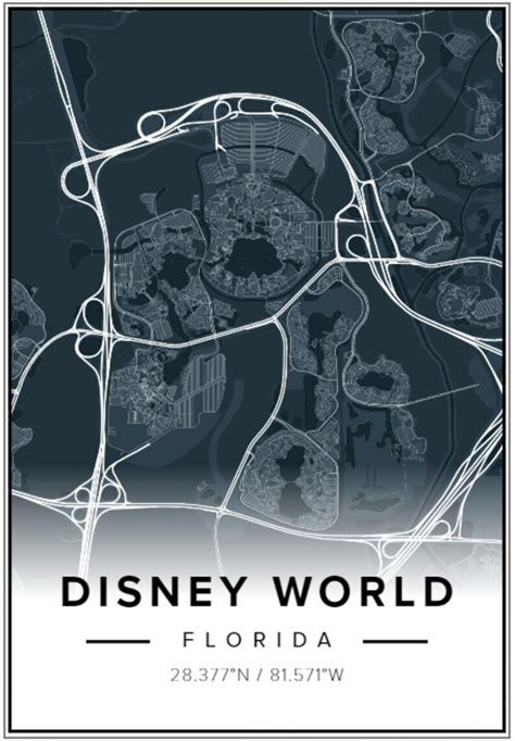 Disney World Disneyland Orlando Florida Portrait Map Minimal Simplistic ...