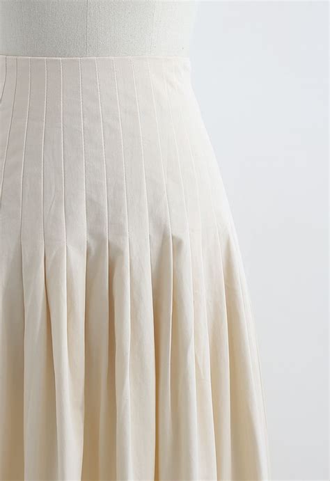 Pleated Waist Cotton Midi Skirt In Cream Retro Indie And Unique Fashion