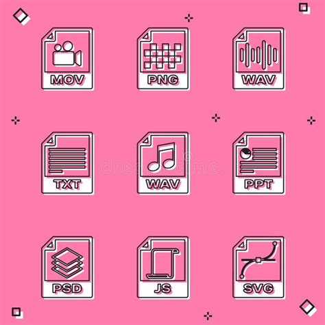 Set MOV File Document PNG WAV TXT And PPT Icon Vector Stock Vector