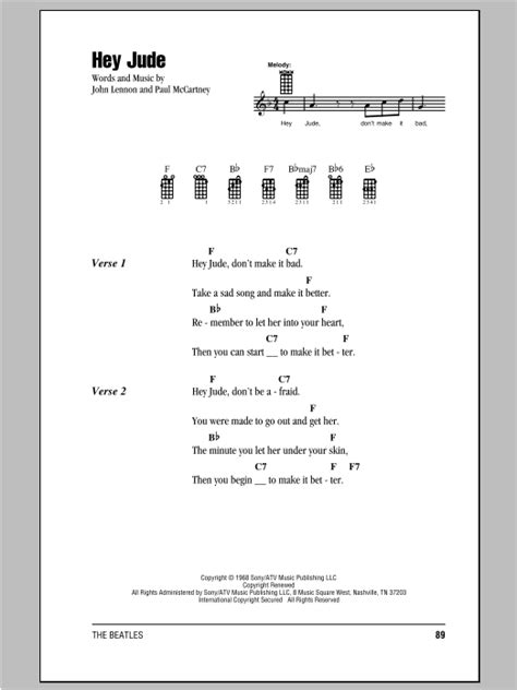 Hey Jude By The Beatles Sheet Music For Ukulele Chordslyrics At Sheet Music Direct