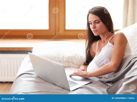 Beautiful Brunette Lying On Bed At Home Stock Photo Image Of Hair Panties
