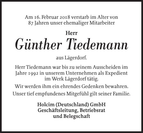 Traueranzeigen von Günther Tiedemann sh z Trauer