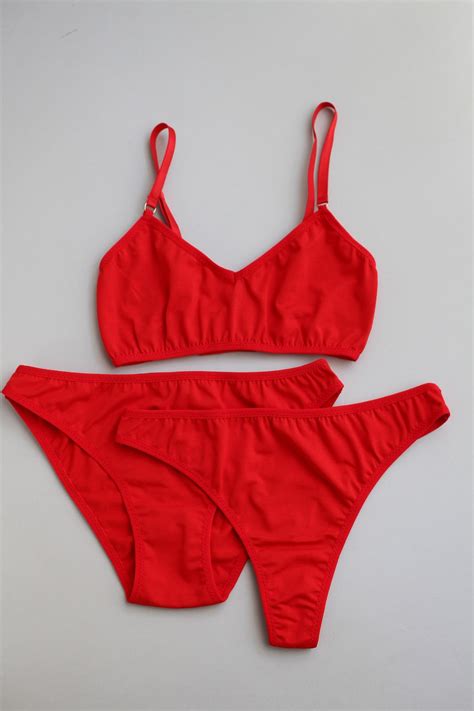 Red Cotton Lingerie Set Basic Underwear Set For Woman Wireless Bra Thong Panty Set Etsy