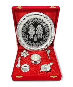 BENGALEN Pooja Thali Set Silver Plated With Gift Box Designed Puja